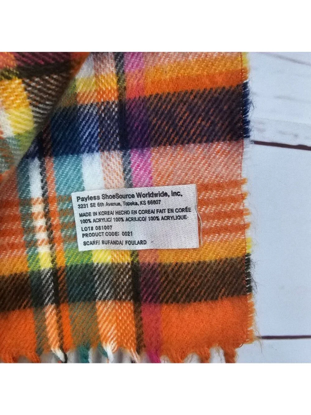 Vintage Payless Shoe Source Plaid Fringe Scarf Orange Multicolor Acrylic